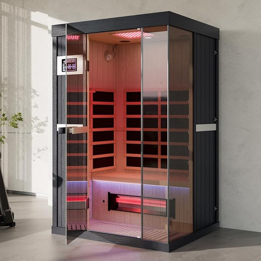 2-Person Full Spectrum Infrared Sauna, 1990W 120V with 12"*12" Red Light Therapy, 2 Speakers, Indoor Dry Sauna for Home & Gym, Canadian Hemlock Wood