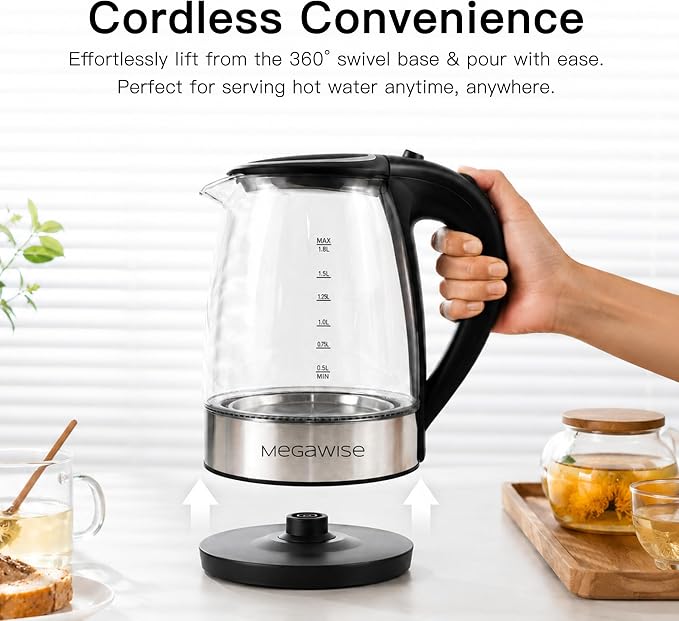 MEGAWISE Electric Kettle, No Plastic Contact with Water, Auto Shut-Off, Fast Boil, 1.8L Electric Glass Kettle, Hot Water Boiler, Tea Kettle, Borosilicate Glass, Black, 1000W