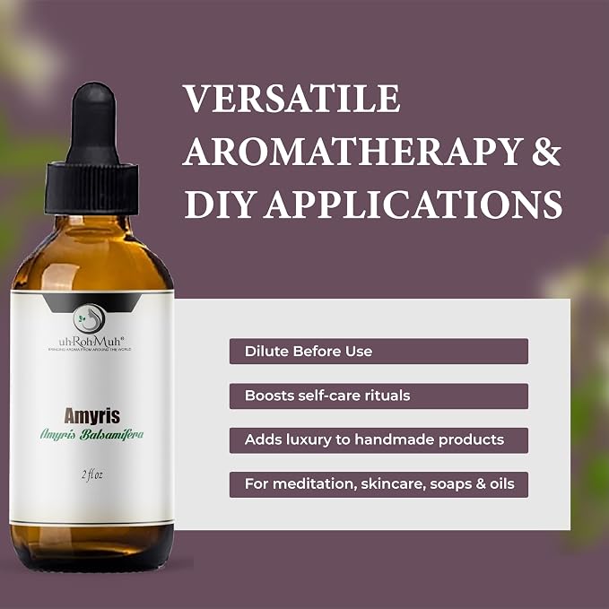 Amyris Essential Oil – 100% Natural Steam-Distilled Amyris Balsamifera Oil from Haiti – Warm Woody Balsamic Aroma for Diffusers, Candles, Perfumes, Massage Blends, Skincare & Aromatherapy – 2 Fl oz