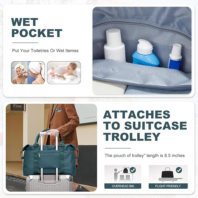 Travel Duffel Bag, Carry On Overnight Weekender Bags for Women | Travel Bag with Wet Pocket & Trolley Sleeve, For Spirit Airlines 18x14x8 Personal Item Bag
