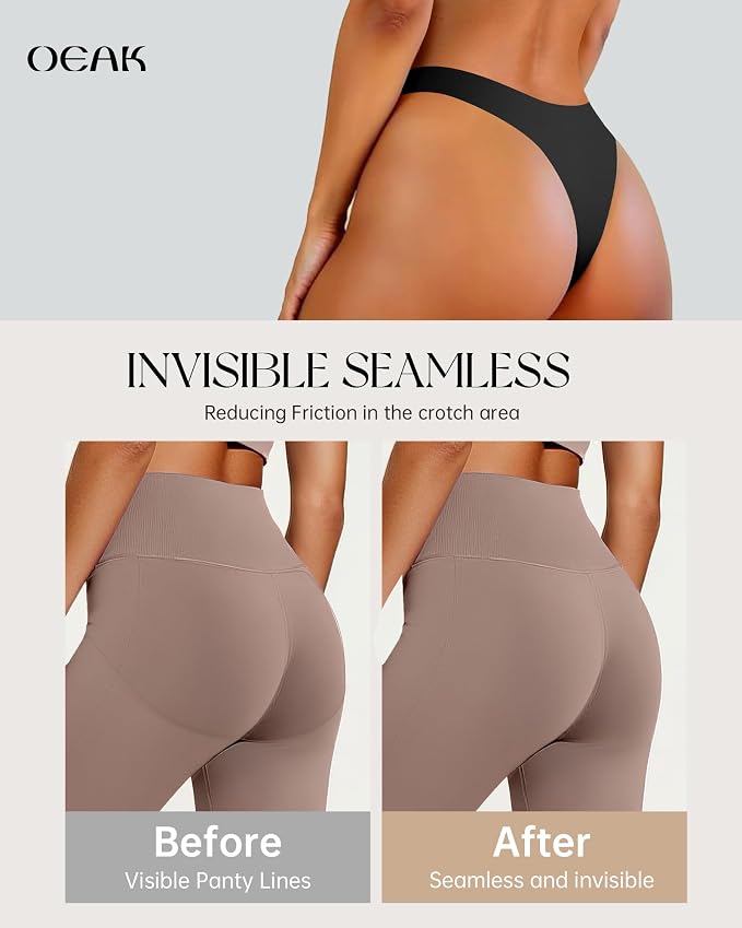 OEAK Seamless Thongs for Women Invisible Thongs No Show Thong Panty Liners Tangas Comfortable Workout G-Strings Underwear Black L