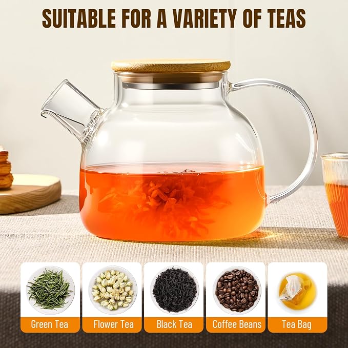 PARACITY Glass Teapot Stovetop, Borosilicate Clear Tea Kettle with Removable 18/8 Stainless Steel Infuser, Teapot Blooming and Loose Leaf Tea Maker Tea (transparent, 34oz-bamboo lid)