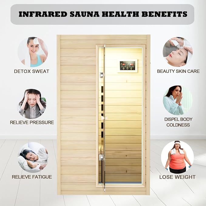 Kanlanth 1 Person Infrared Sauna - Premium European Aspen Wood, 905W Energy Efficient, Low EMF Indoor Sauna, Bluetooth Speakers, Compact Home Spa for Small Spaces, 36.6"x29.3"x63", Right Door