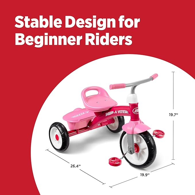 Radio Flyer Pink Rider Trike, for Ages 2.5-5, Adjustable Seat, Steel Construction, Quiet Ride Wheels, Covered Storage Bin, Comfort Grip Handlebars, Easy Carry Seat Handle, Tricycle for Toddlers