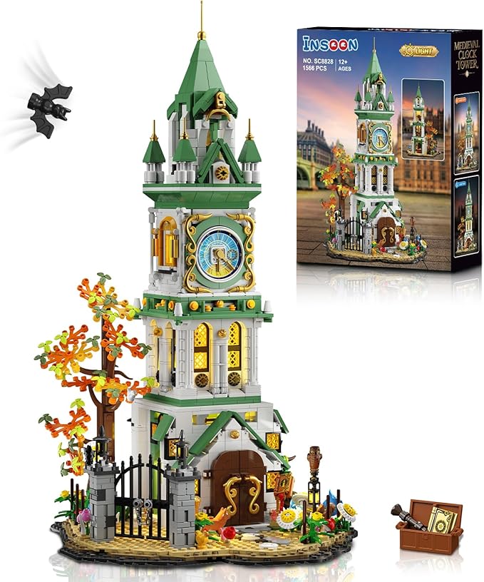 INSOON Magic Clock Tower Building Set with Light, 1566 PCS Big Medieval Castle House Construction Model with Owl & Garden, Home Decor Building Block Kit, Easter Gift for Adults Teens Boys Girls 12+