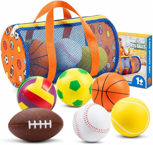 Sports Balls for Toddlers 1-3, 6 Piece Soft Sports Balls with Foam Soccer, Basketball, Football, Baseball, Tennis & Volleyball - Toddler Boys & Girls Ball Toy Gift