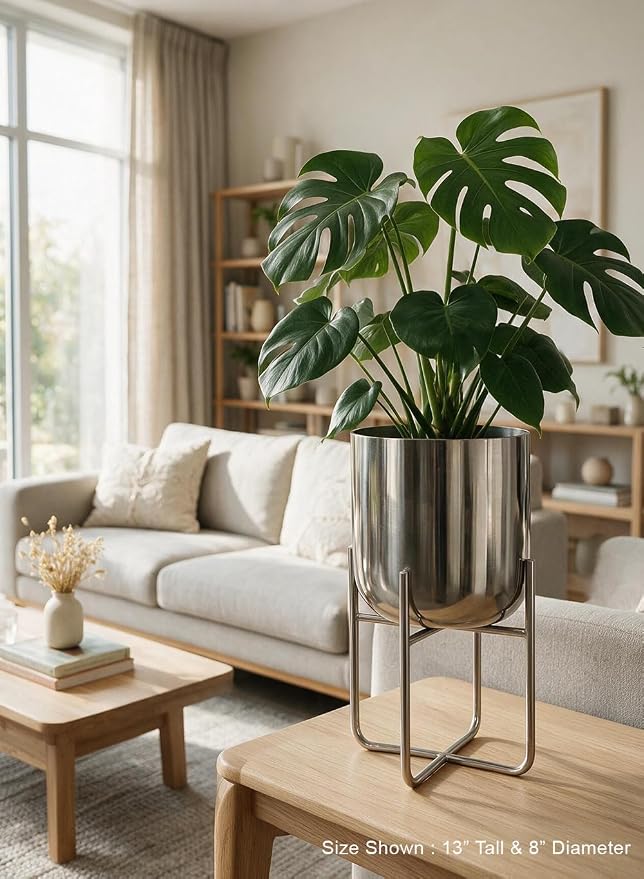 Serene Spaces Living Gold Planter with Detachable Metal Stand, Decorative Indoor Planter Pot, Flower Pots Stand for Living Room, Kitchen, Office, in 3 Sizes (Silver - Short)