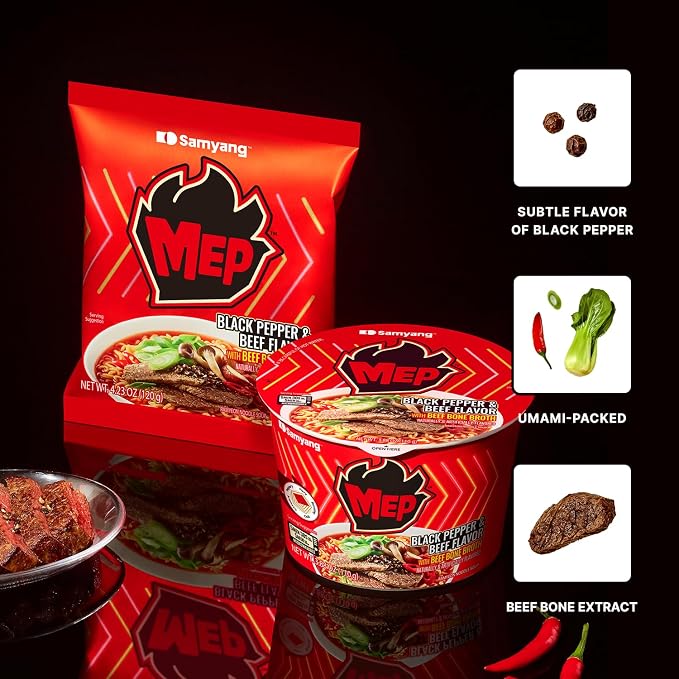 MEP Black Pepper Beef Korean Spicy Ramen Noodle Soup, 3.88 oz Bowls 6-Pack | Rich beef bone broth with aromatic black pepper kick; Chewy qq-texture noodles; Microwave-ready in minutes;
