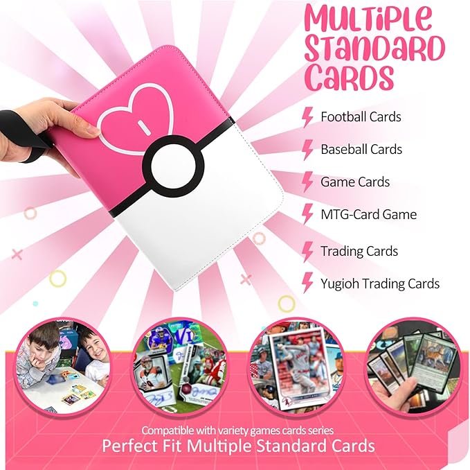 900 - Pockets Trading Card Binder with Removable 50 Sleeves, Card Collector Album with Zipper, Portable Card Holder Book Fits Sports Card, Game Card - Pink