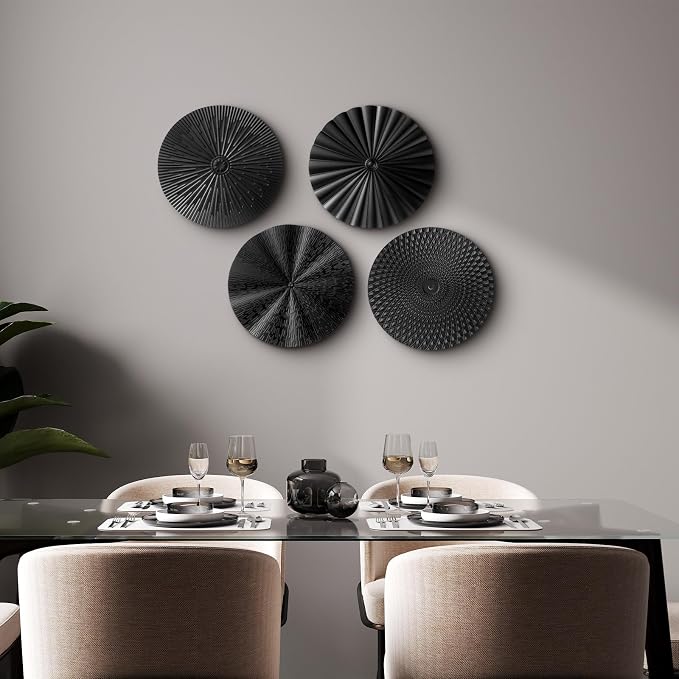Hicarer 4 Pcs 12 Inch Black Metal Wall Art Decoration Modern Sunburst Hanging Artwork Decor Wall Decorations for Home Bedroom Bathroom Living Room Office Sculpture