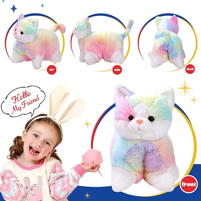 Glow Guards 16" Rainbow Cat Plush Pillow,Cute Kitty Stuffed Animal Soft Lovely Colorful Toy,Bedtime Sofa Decors,Christmas Birthday Children's Day Hoilday Gift for Toddler Kids