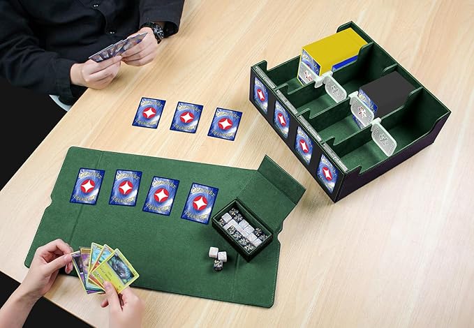 GEAoffice Trading Card Storage Box with Commander Display, 3200+ Card Deck Case with Magnetic Removable Lid, 4-Row Deck Box for MTG/TCG/Sports/Games, 10 Stoppers, 24 Dividers, 1 Dice Tray, Black Green