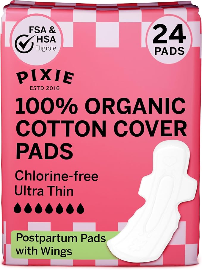 Pixie Organic Pads Ultra-Thin Extra Long Overnight Cotton Pads for Women – Maximum Absorbency with Wings – Leak-Proof, Hypoallergenic, Unscented, Postpartum – Compostable, Biodegradable – 24 Count