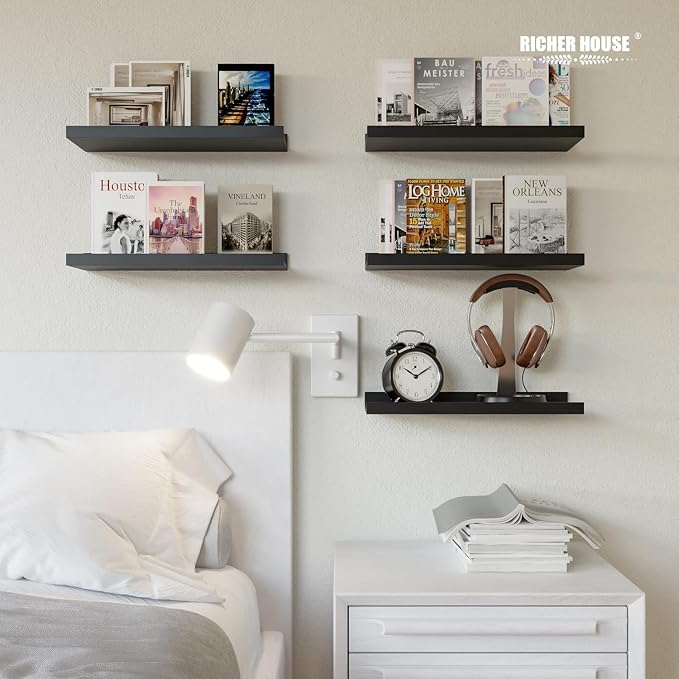 RICHER HOUSE 5 Set Floating Wall Mounted Shelves, Black Shelves for Wall Decor, Modern Picture Ledge Shelf with Lip for Storage, Nursery, Bedroom, Living Room, Bathroom - Black | Display Picture Ledge Shelf, Anti-drop lip Shelf for Room Wall Decor, Bed...