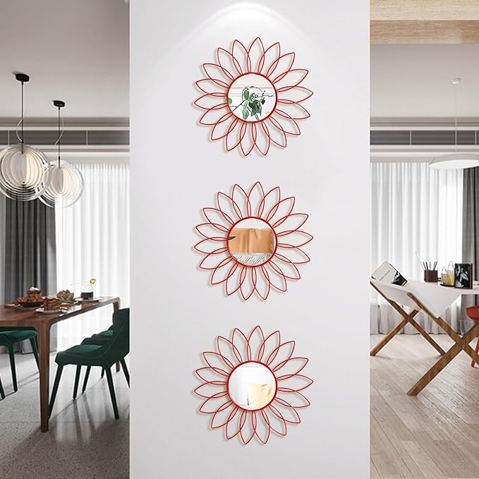 3 Pack Metal Mirrors for Wall Sunburst Wall Mirrors Home Décor Decorative Hanging Wall Art for Living Room Bedroom Entryway (Red, Flowers)