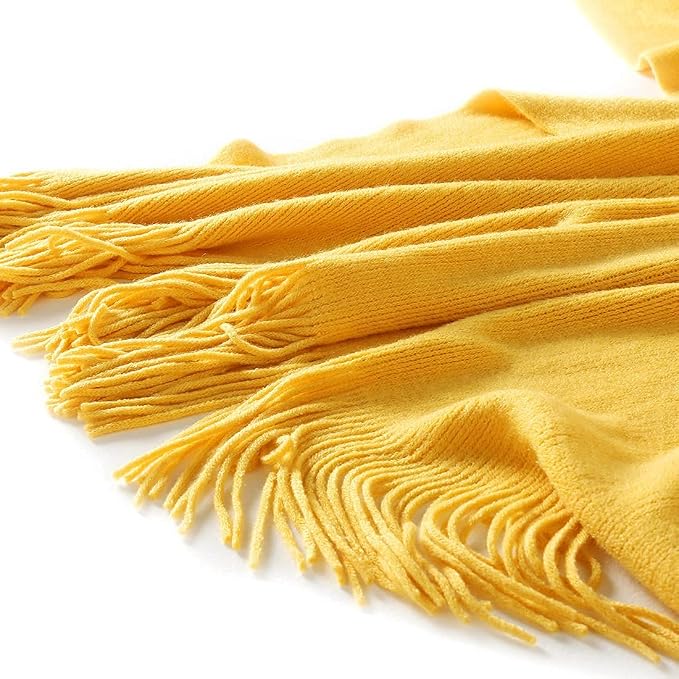 Homiest Yellow Knitted Throw Blanket with Fringe, 60x80 Inch | Pure Acrylic, Lightweight & Breathable, All-Season Use, Machine Washable, Wrinkle & Fade Resistant, for Couch Sofa And Bed