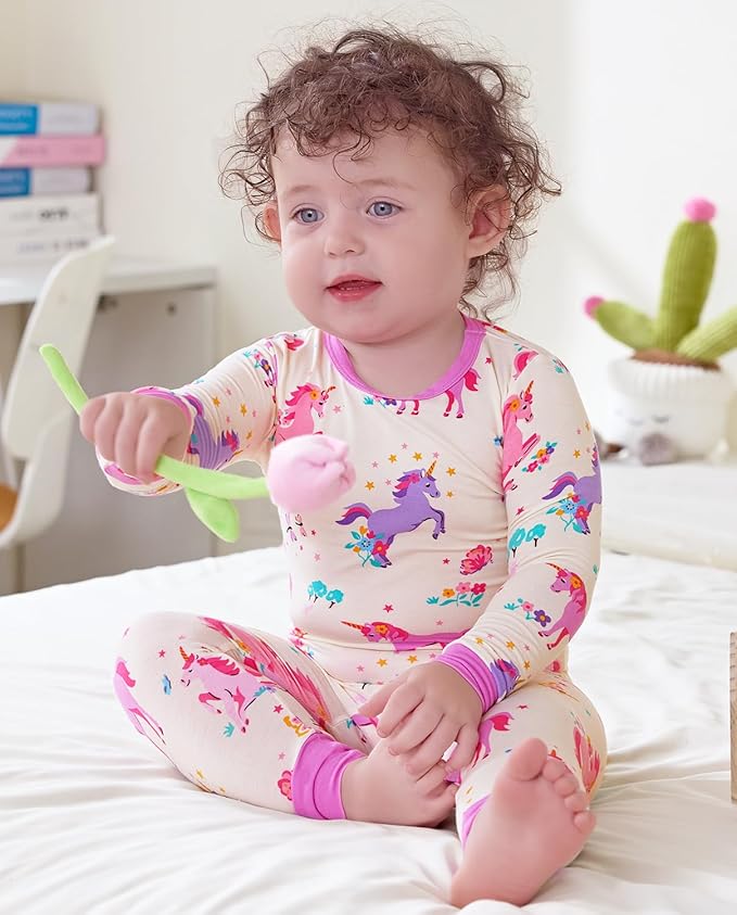 Bamboo Viscose Toddler Girls Kids Pajamas Unicorn Mermaid Pjs Long Sleeve Snug fit 12M-8Y 2pcs Soft Jammies