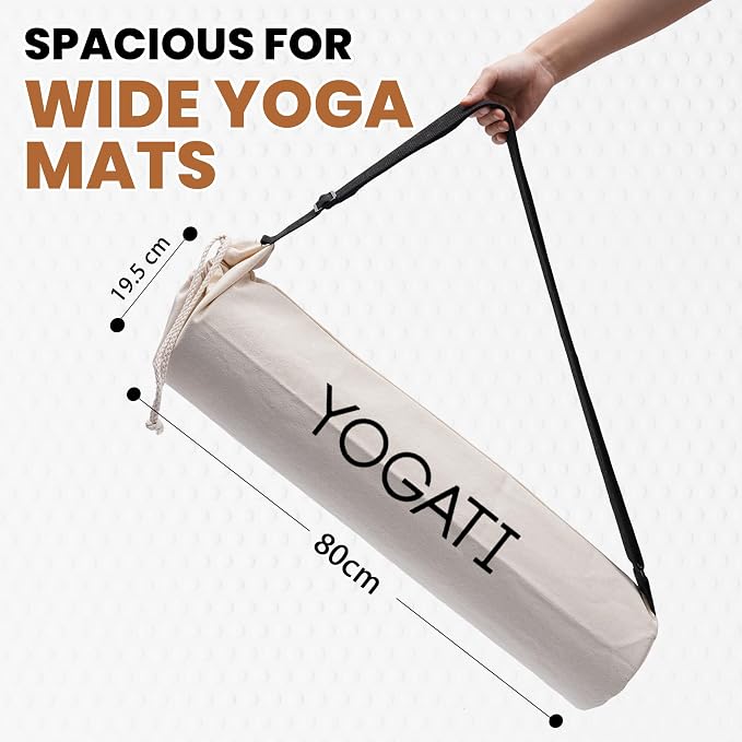YOGATI® Cotton Yoga Mat Bag with Adjustable Strap | Durable Yoga Bag for Mats, Perfect for Pilates and Fitness Enthusiasts | Can Fit Thick and Even Wide Yoga Mats to Protect and Carry Around - Beige