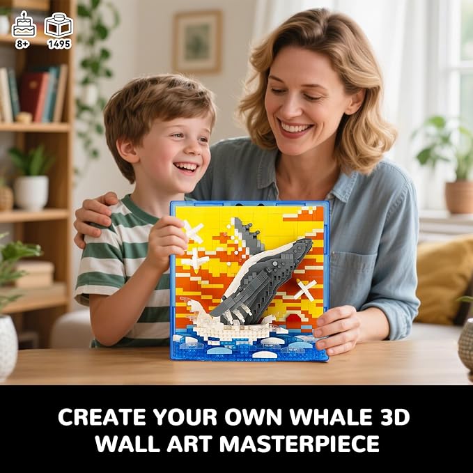 Whale Animal 3D Wall Art Micro Mini Building Blocks Set, Unique Home Wall Decor or Table Display, No Compatible with Lego Set, Ideal Gift Toy for Adults Boys Girls (1495 PCS)
