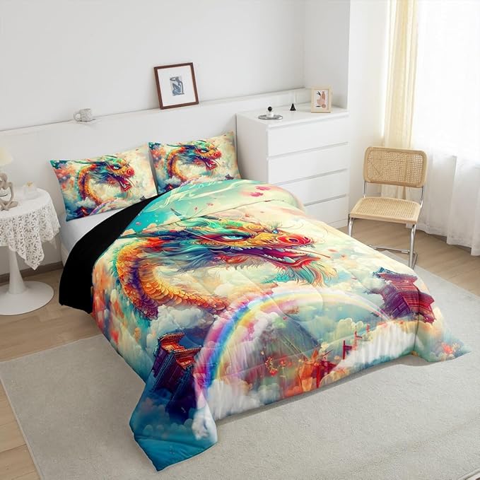 Feelyou Dragon Comforter Set Queen Size Dragon Stuff Comforter for Boys Girls Teens Wild Life Bedding Set Dragon Decor Duvet Set Room Decor Rainbow Quilt Set