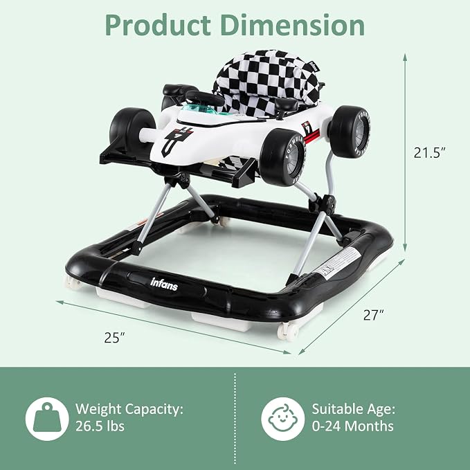 INFANS 4 in 1 Baby Walker, Foldable Toddler Activity Center with Adjustable Height, Padded Seat, Music, Light, Removable Tray, Push Walker for Girls Boys Aged 6-18 Months (Ivory)