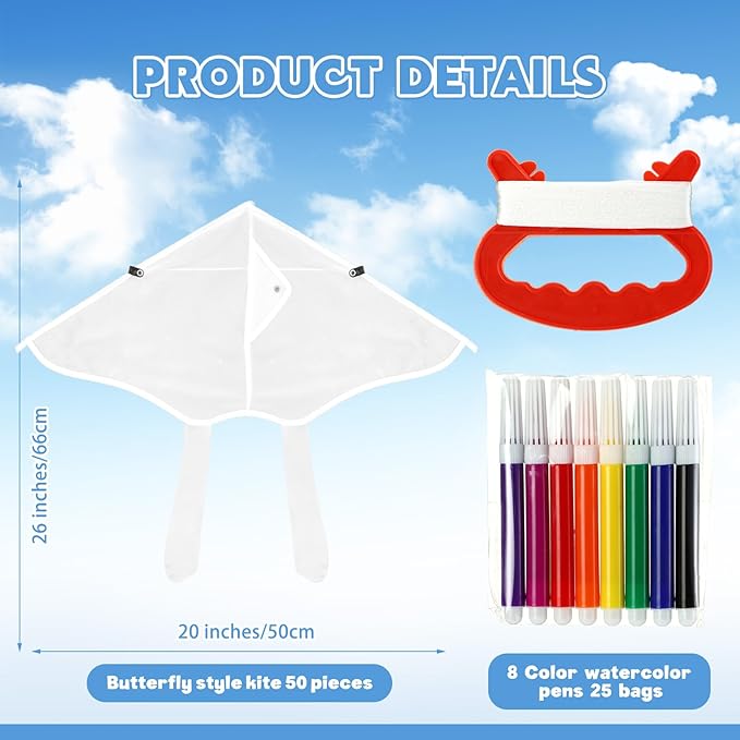 Syhood 50 Pcs DIY Kites for Kids Making Kit 20 Inch Summer Decorating Coloring Kites with Watercolor Pens and String Making Craft Kits for Outdoor Game and Activities