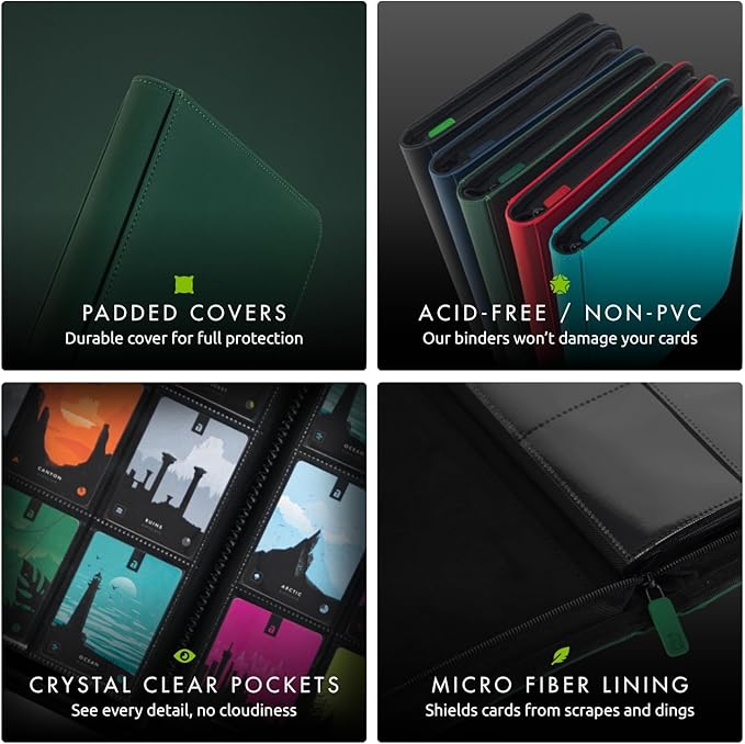 Vault X 12 XL Pocket Zip Binder, 624 Cards, Exo-Tec Material, 26 Side-Loading Pages (Green)