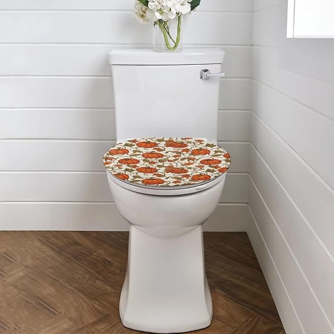 Toilet Seat Cover, Bathroom Accessories Elastic Band at The Bottom Toilet Lid Cover, Comfortable and Dustproof Toilet Seat Cover-Pumpkins With Maple Leaves