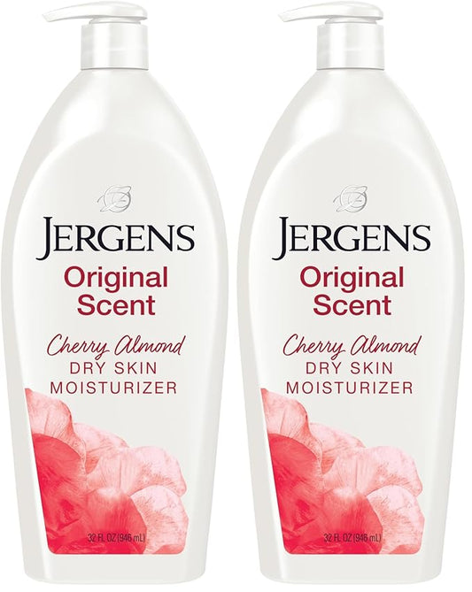 Jergens Original Scent Dry Skin Lotion, Body and Hand Moisturizer for Long Lasting Skin Hydration, with HYDRALUCENCE blend and Cherry Almond Essence, 32 Ounce (Pack of 2)