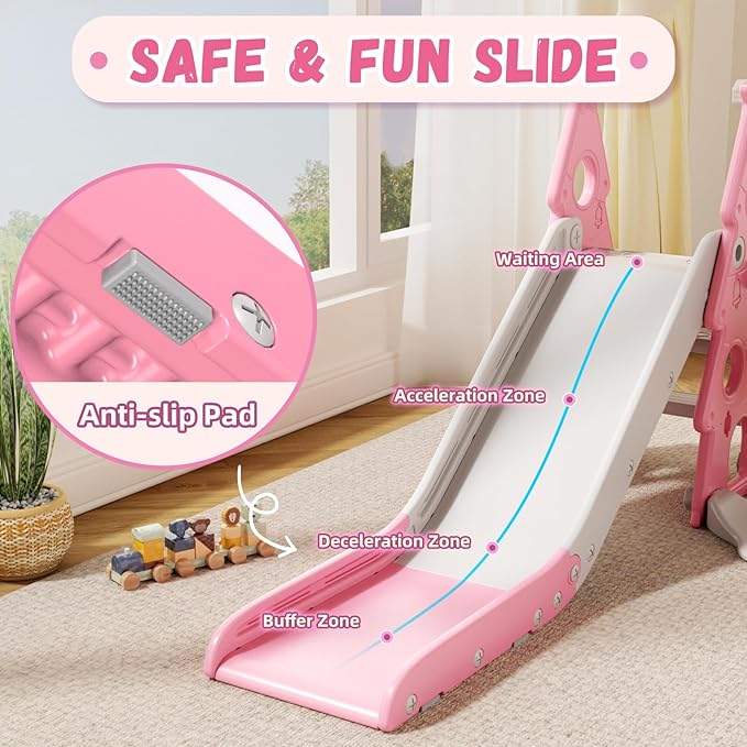 XJD 6-in-1 Toddler Slide and Swing Set, Kids Slide for Toddlers Age 1+, Toddler Outdoor Playset with Basketball Hoop, Football Frame, Swing, Christmas Birthday Gifts for Kids (Light Pink)