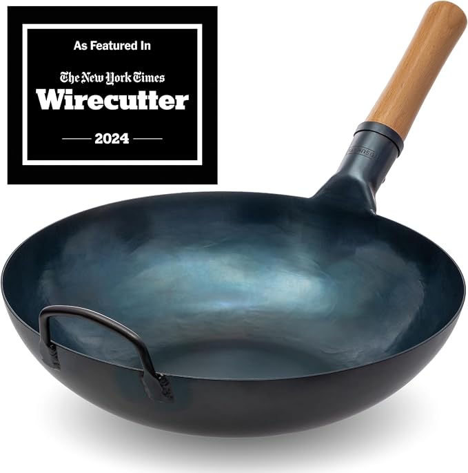 YOSUKATA Carbon Steel Flat Bottom Wok Pan - 13.5" + Wok Lid 12.8 Inch - Cover with Tempered Glass Insert Steam Holes + Blue Carbon Steel 17-inch Spatula, Ladle, 3 pairs Chopsticks