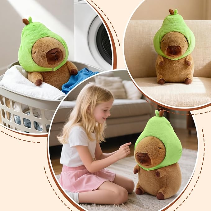 Capybara Plush, Cute Capybara Plush Toy Wear Removable Avocado Hat, Kawaii Soft Capybara Plushie Pillow, 14 inch Capybara Stuffed Animal Hugging Plushy Gifts for Kids Adults (Medium)