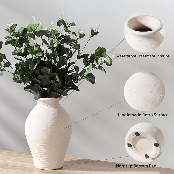 Ceramic Rustic Farmhouse Vase, 9.2 inch Whitewashed Terracotta Vase | Ceramic Vintage Flower Vases,Table Decorative Vases for Home Decor Table Living Room Shelf Mantel Decoration(Off-White)