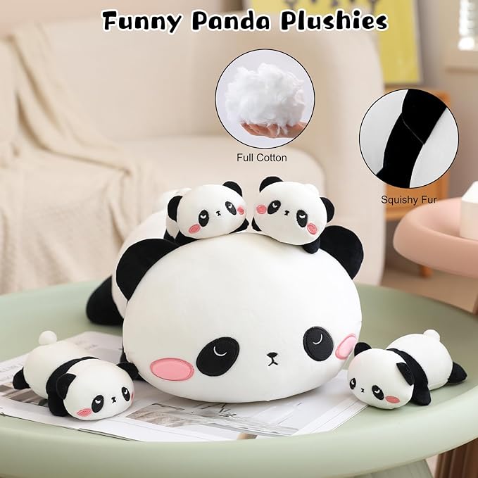 Panda Stuffed Animal Cute Panda Plush Pillow with 4 Baby Plushies in Her Tummy, Soft Cotton Stuffed Animals Toy Gifts for Kids