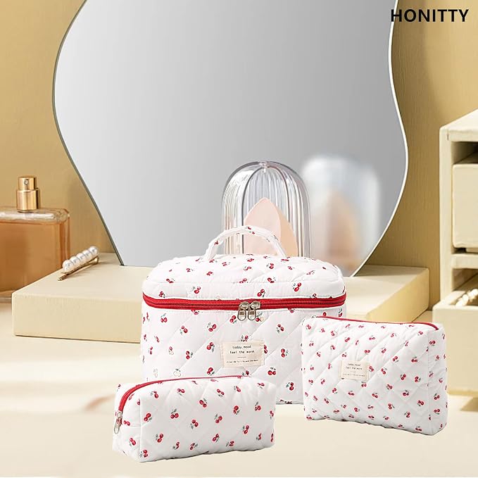 honitty Makeup Bag,Quilted Cosmetic Bags,Large Floral Make Up Organize bag,Makeup Bag Set for Women,Flower Travel Toiletry Bag
