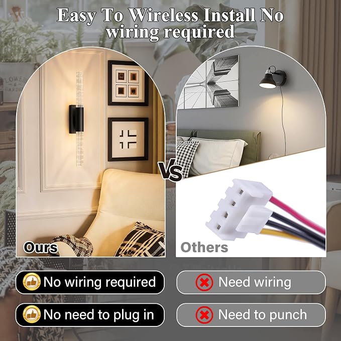 camuucci Battery Operated Wall Sconces Set of 2, Rechargeable Wall Lights | 12000mAh Long-Lasting Battery,Dimmable Cordless Sconce,No Wiring Needed for Bedroom,Living Room,Black 25.6 Inches