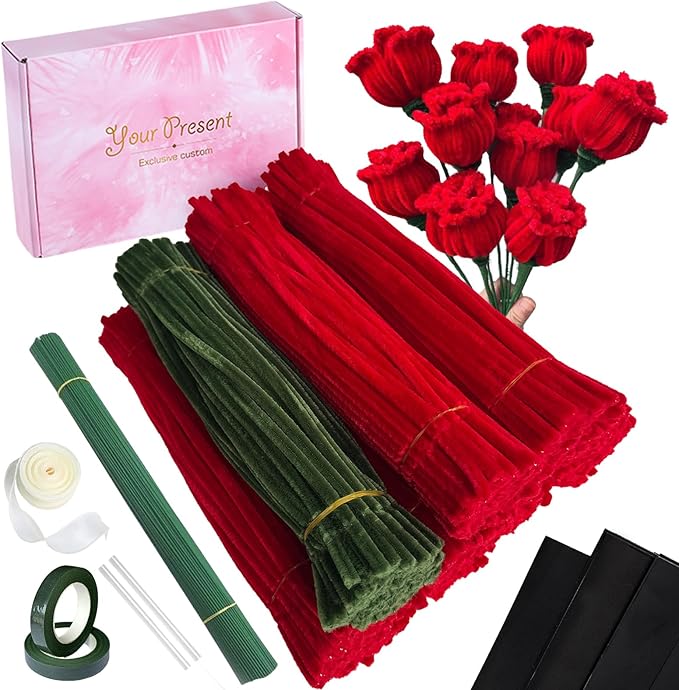 Chenille Stems Pipe Cleaners,Roses DIY Flower Bouquet Kit 700pcs(Red and Green) Flower Making Craft Materials(32Flowers),Art and Craft Supplies