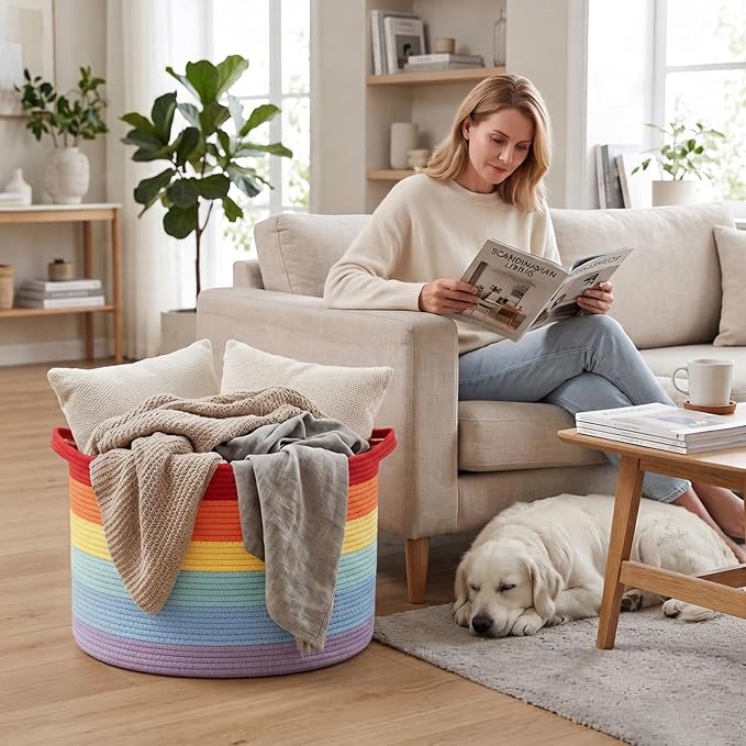 90L Large Blanket Basket,Rope Woven Laundry Basket-Rainbow | Collapsible, reinforced handles, nursery storage bin organizes clothes, toys and pillows for living room, bedroom bathroom