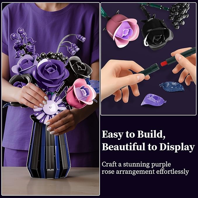 Halloween Purple Black Roses Flowers Bouquet Building Set, Botanical Collection Blocks Artificial Flowers Plant for Adults Women Girlfriend - Gifts for Valentines Birthday Christmas- Gothic Home Decor