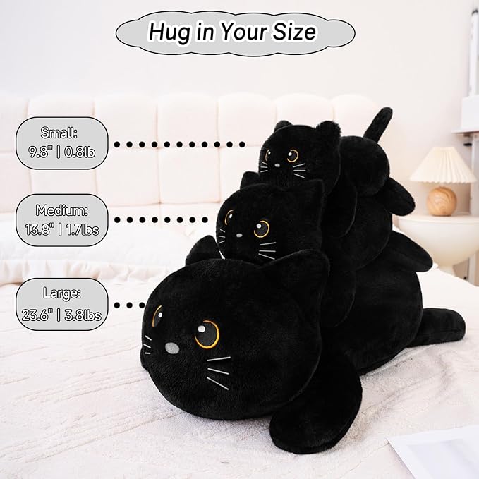 SQEQE Weighted Stuffed Animals Black Cat, Weighted Black Cat Plush, Plushies for Stress Relief, Soft Black Cat Pillow Toy for Kids Adults, Christmas & Valentines Gift 9.8 Inch, 0.8 Lb