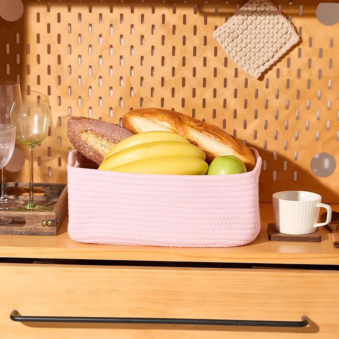 MiniArk Small Storage Baskets for Organizing | Closet Organizer Bins | Shelf Toy Basket | Woven Rope Baskets | Cube Decorative Box | Shallow Basket | 13x8.5x5.1” | 3 Packs Pink