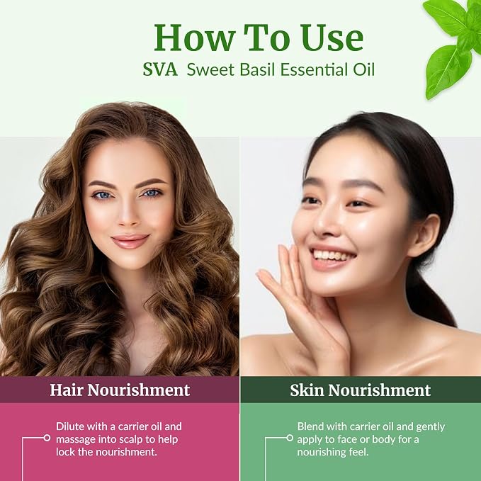SVA Sweet Basil Essential Oil 4 Fl Oz – for Diffuser, Skin & Hair Care – Ideal for Massage & DIY Blends - with Dropper