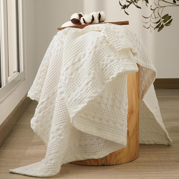 PHF 100% Cotton Waffle Weave Throw Blanket, Lightweight Breathable Summer Blanket for Couch Sofa, Pre-Washed Soft Throws for Bed, Office, Travel & Stylish Home Decor, 50"x60", Ivory