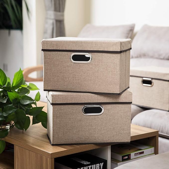 Collapsible Storage Cubes with Lids [3-Pack] Jute Fabric Foldable Storage Boxes Organizer Containers Baskets Bins with Cover for Home Bedroom Closet Office Nursery (14.9x9.8x9.8)