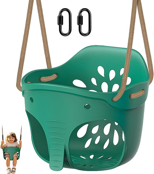 SELEWARE High Back Full Bucket Toddler Swing Seat, Heavy Duty Toddler Swing Set Accessories, Soft Plastic Elephant Baby Swing with Adjustable Rope & Locking Carabiners for Outdoor Playground, Green