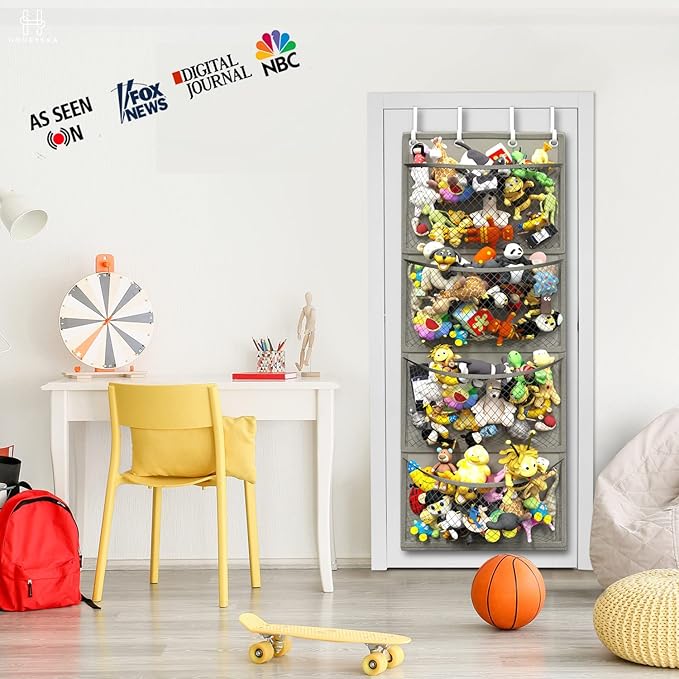 Honeyera Over Door Organizer for Stuffies, Baby Accessories, and Toy Plush Storage - Easy Installation with Breathable Hanging Storage Pockets (Gray)
