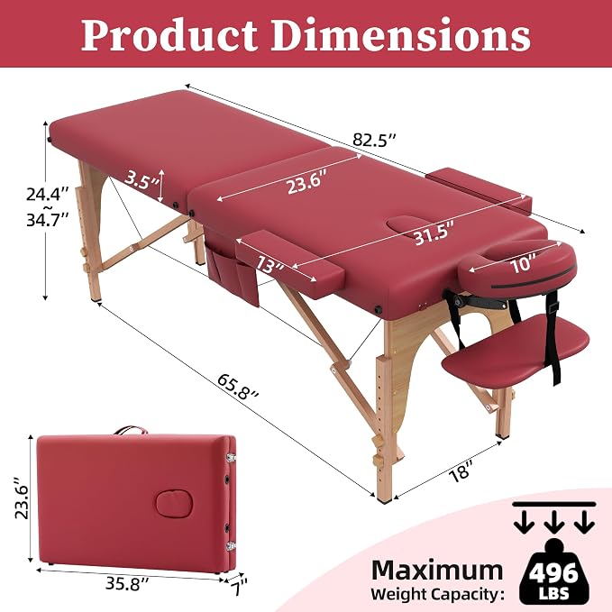 civama Massage Table Massage Bed Portable, 29 LBs Light Weight Foldable Tattoo Facial Care Spa Lash Bed Aluminum Frame with Accessories Carrying Bag, Burgundy