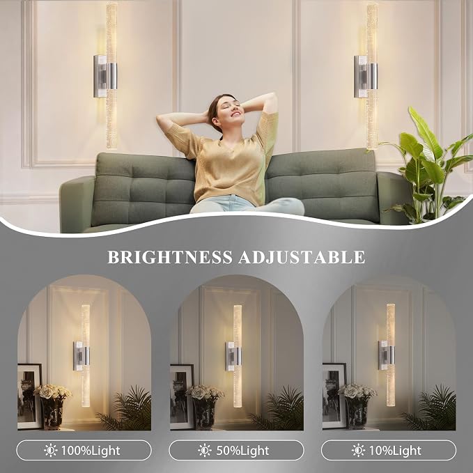 camuucci Battery Operated Wall Sconces Set of 2, Rechargeable Wall Lights | 12000mAh Long-Lasting Battery,Dimmable Cordless Sconce,No Wiring Needed for Bedroom,Living Room,Silver 20.9-Inch