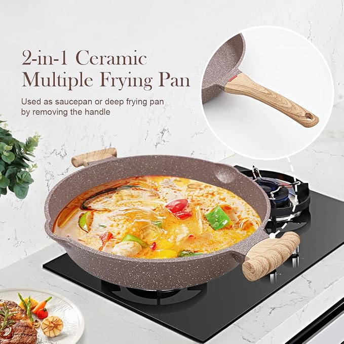 AIKENBBKK Ceramic Frying Pan with Lid, 14 Inch Saute Pan, Non Stick Frying Pans, 2-In-1 Large Cooking Pan, Nonstick Skillet, Compatible with All Stoves, PTFE & PFOA Free, Brown