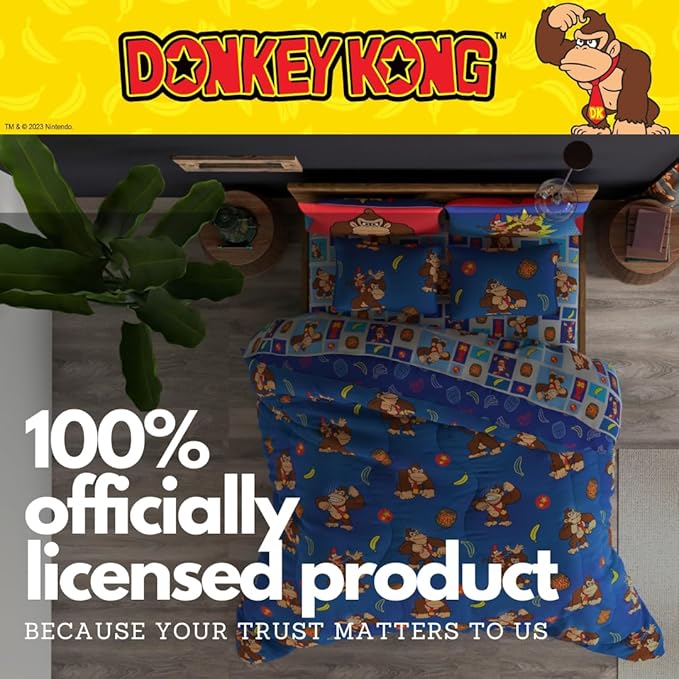 Collectibles Nintendo Donkey Kong Gaming Bedding 7 Piece Super Soft Reversible Comforter and Sheet Set with Sham, Full, (Officially Licensed Product) By Franco